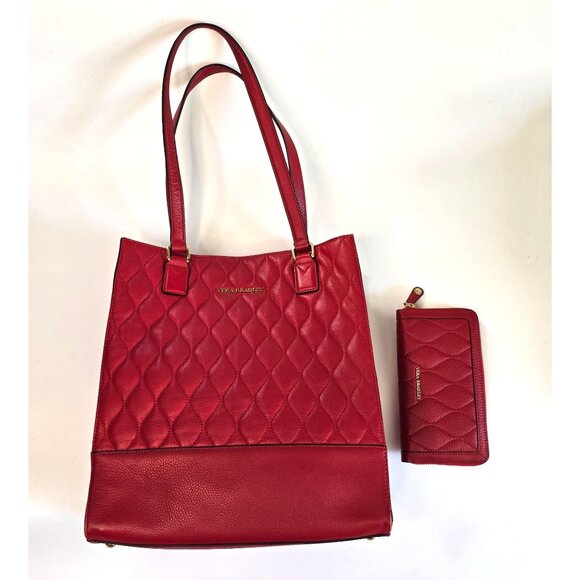 Vera Bradley Nora Red Quilted Leather Tote Wallet Set Double Strap Shoulder Bag